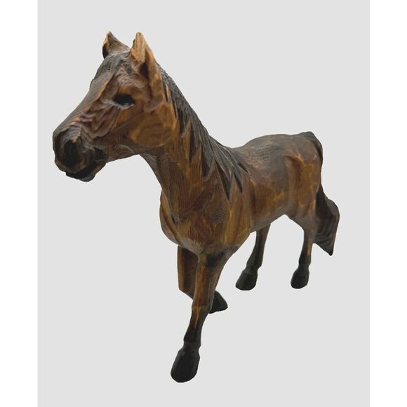 No Brand Other - Vintage Folk Art Hand-Carved 11" Wooden Horse with glass eyes